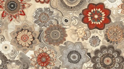 Poster - Seamless home decor pattern featuring whimsical mandalas and curling floral designs in brown neutral and red complemented by 2D cartoon paisley print elements