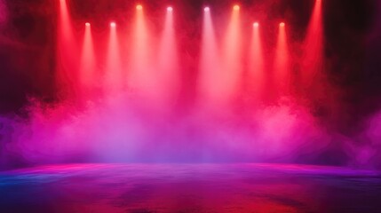 Poster - Dramatic Large Stage With Red Smoke Illuminated Backdrop In Red And Purple Abstract Blurred Background Defocused Space For Presentation Theater Show Concert Background 3D Render