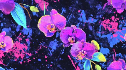 Poster - Seamless fantasy design featuring orchids brush strokes and splattered neon colors Ideal for sports products and children s apparel with a virtual surreal nature grunge aesthetic