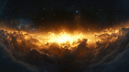 Poster - 360 degree interstellar cloud of dust and gas in a 3D cartoon rendering Space background featuring a glowing nebula and stars Equirectangular projection and spherical panorama create an environmen