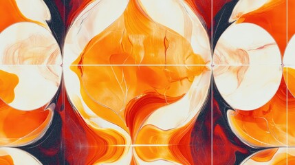 Poster - Kaleidoscope Shapes in Abstract Orange Bohemian Style with Red Ceramic Tile Design Artistic Psychedelic Geometric Pattern featuring Ink Paint Strokes in a Seamless Surface Artwork