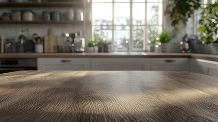 Poster - 3d rendering of a beautiful empty brown wooden tabletop with a blurred defocused modern kitchen inte