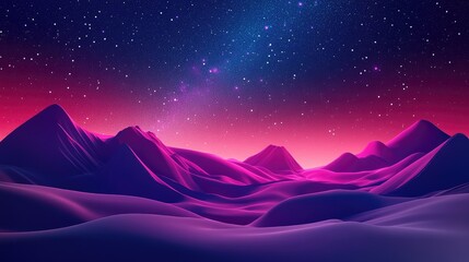 Wall Mural - Colorful night landscape featuring a 3D cartoon rendering of the Milky Way and pink light illuminating mountains Starry sky with summer hills Beautiful universe and space background with galaxy Tr