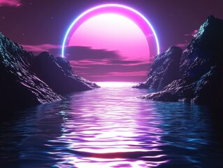 Canvas Print - Futuristic abstract night landscape featuring an island under moonlight with light reflections in water and a neon space galaxy portal 3D illustration of a dark radiant scene