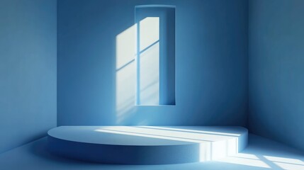Poster - abstract 3d rendering of a blue interior corner wall with a window light stage scene designed for an
