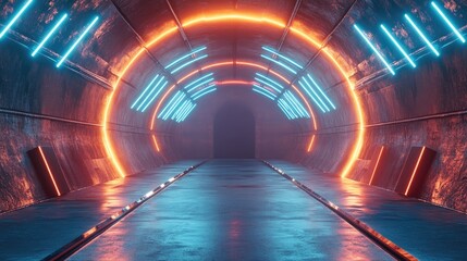 Poster - Expansive Neon Stage Podium with Blue Lasers in a Dimly Lit Industrial Tunnel Featuring a Grungy Futuristic Vibe Ideal for Showcasing Vehicles 3D Rendering Illustration