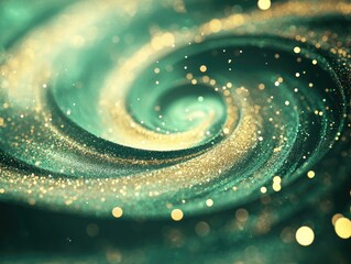 Poster - Glittering swirl with an abstract background featuring green and gold sparkles A fantasy fractal texture enhanced by shallow depth of field Digital artwork in 3D