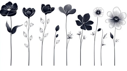 Poster - Stunning abstract 2D cartoon flowers in black and white silhouettes perfect for tattoos textiles invitations and promotional materials
