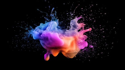 Poster - Abstract illustration featuring artistic multi colored watercolor fluid simulations with splashes of light on a black background