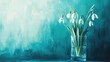 © VRVisionary - Oil painting featuring delicate snowdrop flowers in a glass vase with an abstract background representing the essence of spring and the beauty of blooming nature