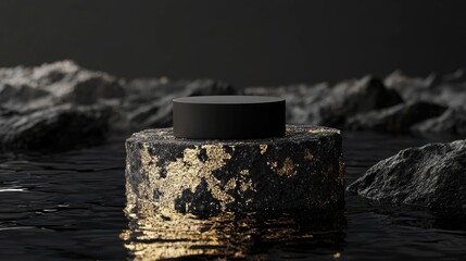 Poster - Round textured stone pedestal with a black cylinder submerged in dark water 3D render illustration featuring gold glitter decor Empty platform for product promotion Luxurious golden mockup showcas