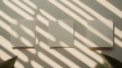 Poster - flat arrangement of white blank cards featuring a central card raised above the surface design mocku