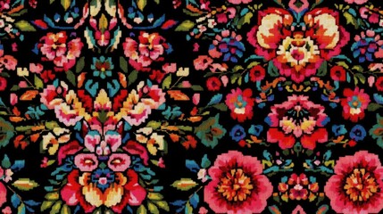 Poster - Floral ornament pattern embroidery seamless texture pixel mosaic raster illustration for fashion design and graphic arts