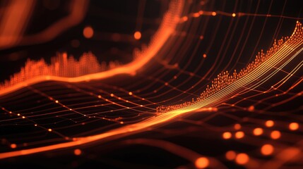 Poster - Abstract technology background featuring neon orange lines against a black backdrop complemented by a scientific graph and a 3D striped render