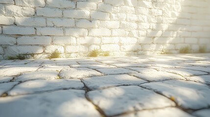 Wall Mural - A sunlit cobblestone path beside a white brick wall, creating a serene outdoor atmosphere.