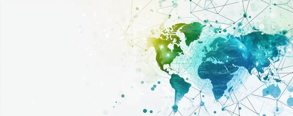 Poster - abstract digital world map with connecting network lines