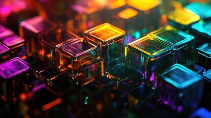 Poster - Abstract dark background featuring hexagonal patterns in vibrant neon colors suitable for presentations and web design