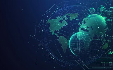 Wall Mural - futuristic digital world map with glowing connections and spheres