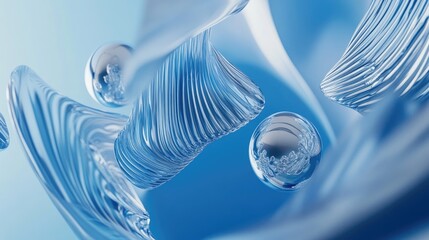 Poster - Fantasy abstract blue background featuring metallic silver shapes and designs in a 3D illustration