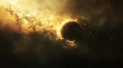 Poster - Fantasy abstract scene featuring a nebula and an imaginary moon against a dark backdrop with a blurred effect