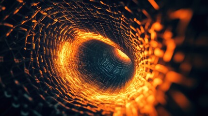 Poster - Abstract dark background featuring a computer generated orange fractal design resembling an unusual tunnel made of woven wire with light effects Suitable for posters web design and covers