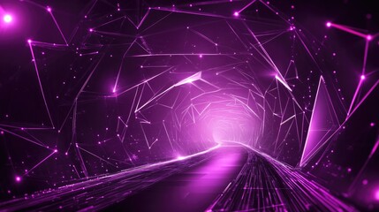 Poster - Abstract futuristic tunnel featuring flying triangles and neon lines with a glowing purple energy background