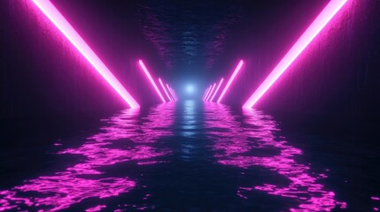 Poster - Abstract dark futuristic background featuring neon light reflections on water creating an ambiance suitable for a stage show or beach party 3D illustration