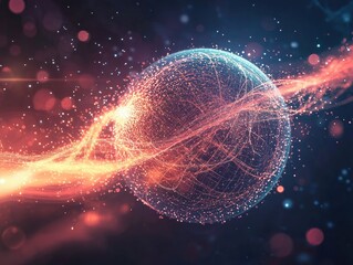 Poster - Futuristic abstract energy sphere featuring luminous particles creating a vibrant and dynamic scientific background
