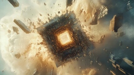 Poster - An abstract city soaring through space at high velocity 3D rendering featuring a square structure within a toroidal shape