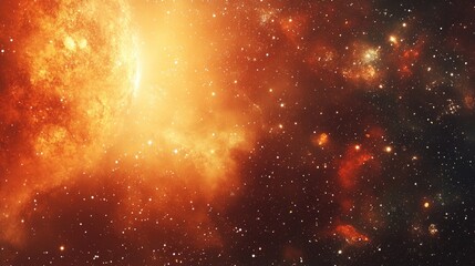 Poster - Abstract illustration of a cosmic background featuring fiery elements a galaxy and a sun symbolizing infinity and the expanse of space