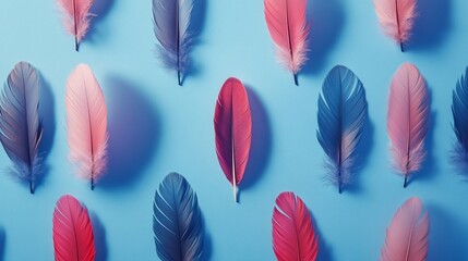 Canvas Print - Pink and blue feathers on a light blue background.