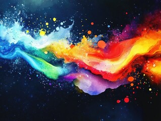 Poster - Artistic abstract illustration featuring a watercolor fluid simulation with vibrant splashes on a dark background