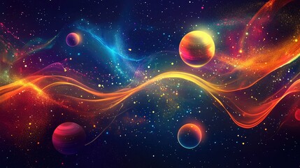Poster - Futuristic abstract background featuring shiny shapes and waves with a vibrant explosion of stars and planets in a distant solar system