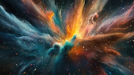 Poster - Vibrant abstract explosion of colored powders creates a stunning cosmic landscape visualization