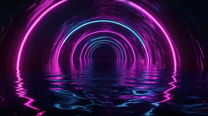 Poster - Abstract dark futuristic background featuring neon light reflections on water creating an ambiance suitable for a stage show or beach party 3D illustration