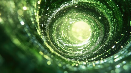 Poster - abstract glowing green energy spiral tunnel with particle effects and bokeh background