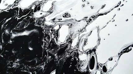 Poster - An abstract composition of oil and water featuring contrasting irregular shapes in black and white