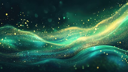 Poster - Elegant abstract green background featuring glitter and waves illuminated by radiant lights and beams A captivating illustration of beauty and sophistication