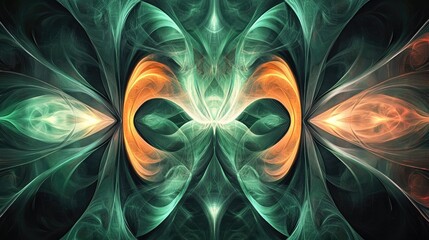 Poster - Abstract symmetrical fractal background in green and orange tones