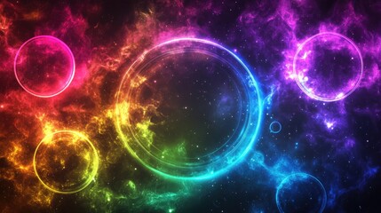 Poster - Abstract cosmic backdrop featuring vibrant circular patterns and glowing neon lighting on a dark background providing ample copy space for product display