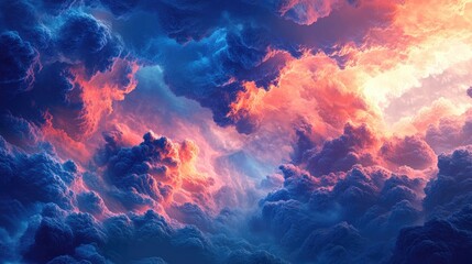 Poster - Vibrant abstract clouds in shades of blue and deep red A colorful fractal backdrop created through digital art techniques and 3D rendering