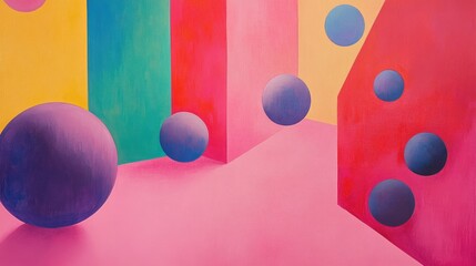 Poster - Abstract composition featuring spheres against a vibrant pink backdrop created with oil paints