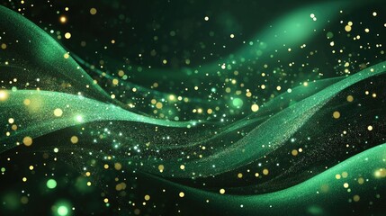 Poster - Elegant abstract green background featuring glitter and waves illuminated by radiant lights and beams A captivating illustration of beauty and sophistication