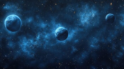 Poster - Abstract dark blue cosmic backdrop featuring planets luminous stars and sparkling effects