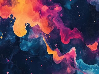 Poster - Artistic abstract illustration featuring a watercolor fluid simulation with vibrant splashes on a dark background