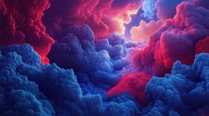 Poster - Vibrant abstract clouds in shades of blue and deep red A colorful fractal backdrop created through digital art techniques and 3D rendering