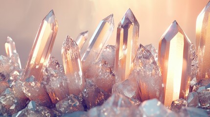 Poster - Abstract design featuring crystals and metallic shapes on a soft focus backdrop 3D rendering