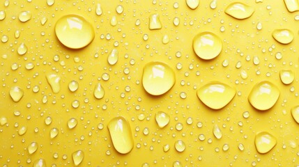 Poster - Close-up of water droplets on a vibrant yellow surface, creating a cheerful and refreshing atmosphere.
