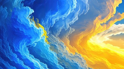 Poster - vibrant abstract clouds in blue and yellow hues a colorful fractal backdrop created through digital 