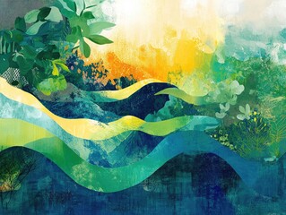 Poster - Abstract illustration featuring a vibrant blend of green blue and yellow hues in a fantasy background